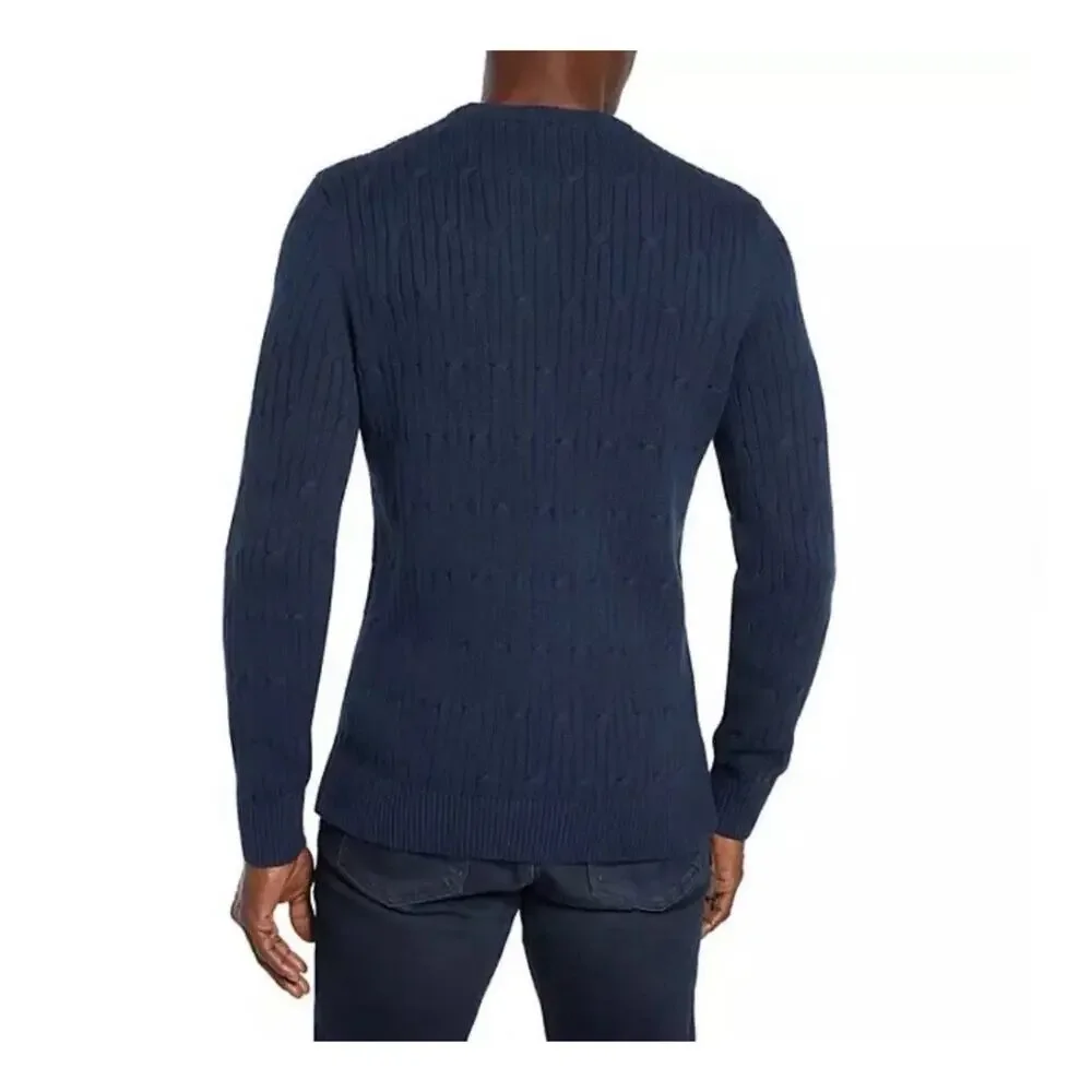 Express Men's Braided Cable Knit Sweater Long Sleeves‎ Crew Neck Pageant Blue, L